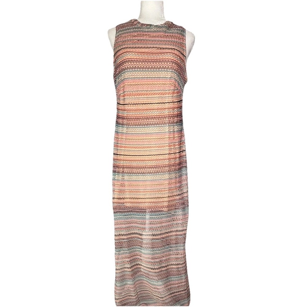 Women's Nina Leonard Crochet Striped‎ Halter Maxi Dress LG  Coral Turquoise Boho